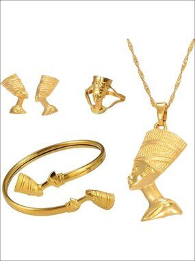 18K Gold Plated Nefertiti Ankh Africa Map Pendant Necklace 925 Silver Set